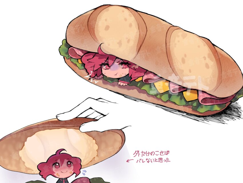 1girl, 1other, ahoge, angry, black_shirt, blush, bread, caught, character_name, cheese, chibi, closed_mouth, commentary, drill_hair, flying_sweatdrops, food, food_on_face, hair_between_eyes, highres, kasane_teto, kasane_teto_(utau), lettuce, long_sleeves, marutsubo, meat, mini_person, minigirl, red_eyes, red_hair, sandwich, shirt, simple_background, sleeves_past_wrists, sliced_meat, smile, submarine_sandwich, translated, twin_drills, utau, white_background