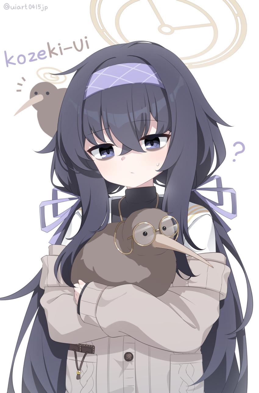 1girl, ?, animal, bags_under_eyes, bird, blue_archive, cardigan, commentary_request, eyewear_strap, glasses, hair_ribbon, hairband, halo, highres, holding, holding_animal, holding_bird, jewelry, kiwi_(bird), long_hair, long_sleeves, looking_down, low_twintails, necklace, off_shoulder, purple_eyes, purple_hair, ribbon, sailor_collar, solo, southern_brown_kiwi, sweat, twintails, ui_(blue_archive), umou_(may65879), upper_body