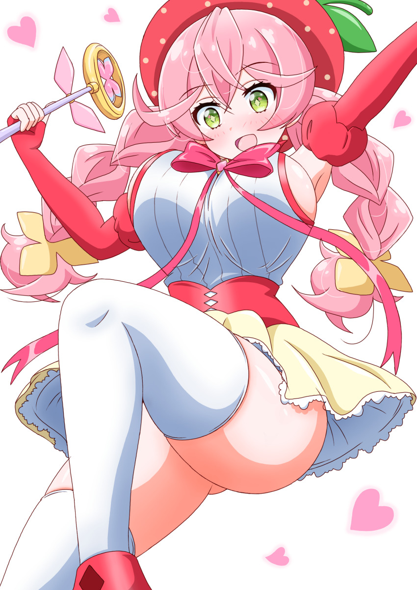1girl, :d, acro_trip, armpits, bare_shoulders, berry_blossom, bow, braid, breasts, corset, diamond-shaped_pupils, diamond_(shape), elbow_gloves, feet_out_of_frame, fingerless_gloves, frilled_skirt, frills, from_below, gloves, gluteal_fold, green_eyes, hair_between_eyes, hat, heart, highres, holding, holding_wand, imai_kazunari, knee_up, large_breasts, looking_down, magical_girl, no_panties, open_mouth, pink_hair, red_corset, red_footwear, red_gloves, red_hat, red_ribbon, ribbon, shirt, skirt, sleeveless, smile, strawberry_hat, symbol-shaped_pupils, thighhighs, thighs, twin_braids, twintails, upskirt, wand, white_background, white_shirt, white_thighhighs, yellow_bow, yellow_skirt