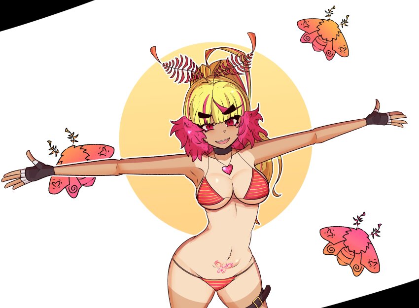 1girl, absurdres, antennae, arthropod_girl, bikini, black_choker, black_gloves, blonde_hair, blunt_bangs, breasts, bug, choker, commentary, english_commentary, eyelashes, fingerless_gloves, gloves, heart, heart_necklace, highres, ichigo_lemonade, indie_virtual_youtuber, insect, insect_girl, jewelry, leg_belt, long_hair, meinou, mismatched_eyebrows, moth, moth_antennae, moth_girl, multicolored_hair, navel, necklace, open_mouth, outline, outstretched_arms, pink_eyes, pink_hair, pubic_tattoo, red_bikini, smile, solo, string_bikini, striped_bikini, striped_clothes, swimsuit, tan, tanline, tattoo, teeth, thick_eyebrows, two-tone_hair, upper_teeth_only, virtual_youtuber, white_outline