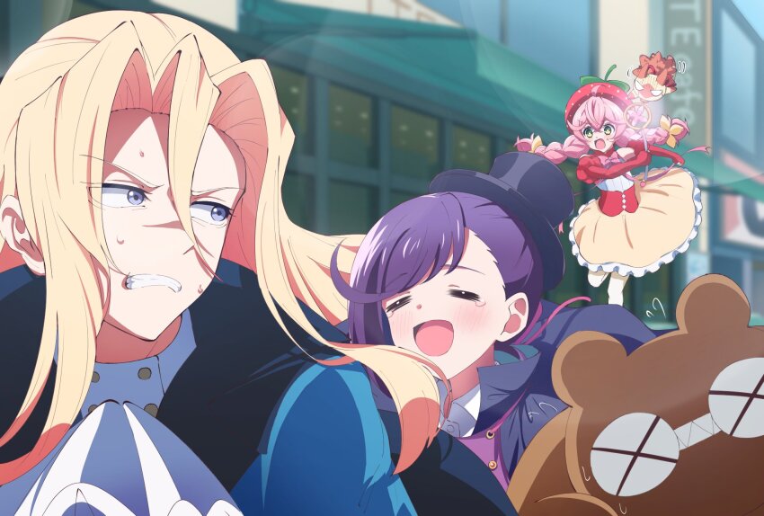 1boy, 2girls, acro_trip, ascot, bear, berry_blossom, blonde_hair, blue_eyes