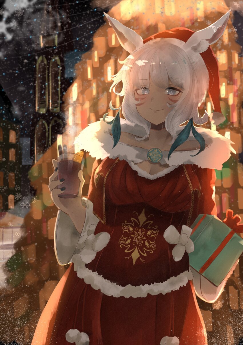 absurdres, araca_ra, black_nails, blue_feathers, christmas, christmas_present, cup, feathers, final_fantasy, final_fantasy_xiv, gift, hat, highres, holding, holding_cup, ishgard_(ff14), santa_hat, white_eyes, white_hair, y'shtola_rhul