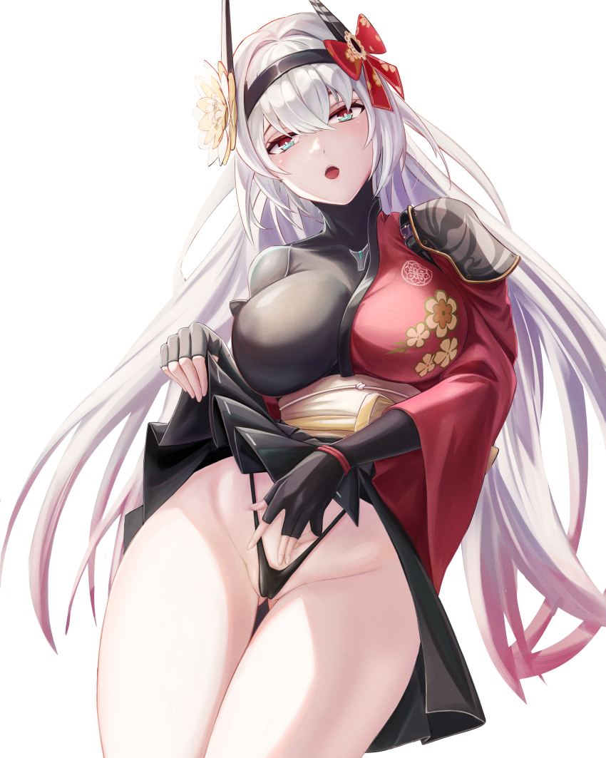 1girl, :o, absurdres, alpha:_crimson_abyss_(volatile_priestess)_(pgr), alpha_(pgr), black_gloves, black_headband, black_panties, black_skirt, blue_eyes, breasts, bright_pupils, clothes_lift, commentary, cowboy_shot, english_commentary, fingerless_gloves, gloves, gluteal_fold, hair_ornament, hand_on_own_crotch, head_tilt, headband, highleg, highleg_panties, highres, japanese_clothes, large_breasts, long_hair, looking_at_viewer, mikasciii, multicolored_eyes, multicolored_hair, official_alternate_costume, open_mouth, paid_reward_available, panties, punishing:_gray_raven, red_eyes, simple_background, skirt, skirt_lift, solo, streaked_hair, two-tone_eyes, underwear, very_long_hair, white_background, white_hair, white_pupils