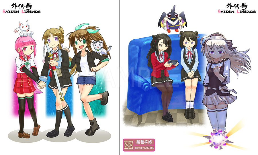 black_hair, blonde_hair, brown_hair, crossover, fuka_reventon, green_eyes, heei_juun, koori_chikage