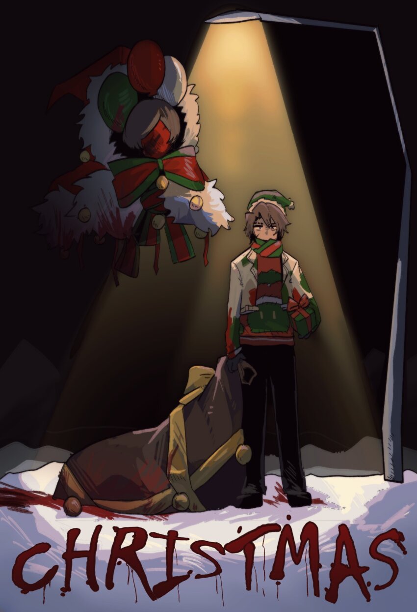 1boy, 1girl, balloon, black_footwear, black_pants, brown_hair, christmas, e.g.o_(project_moon)