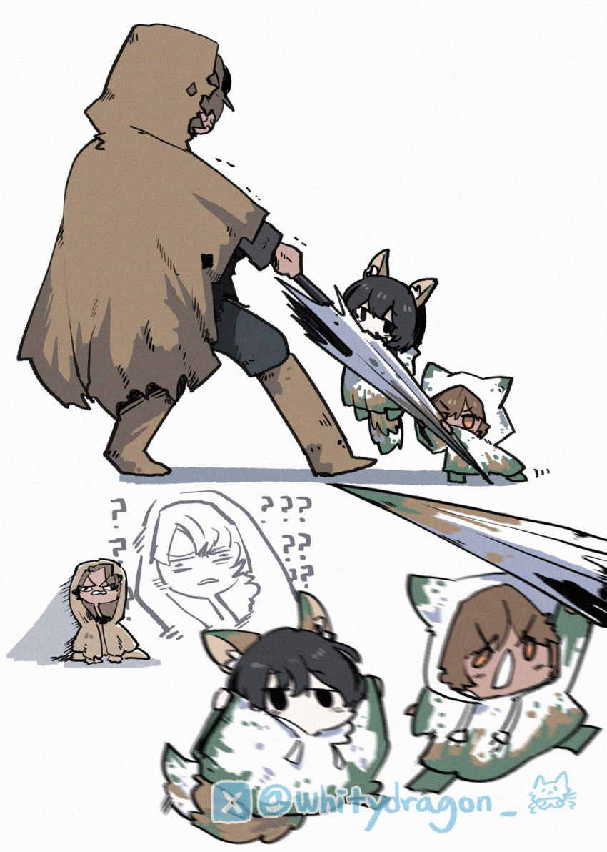 1girl, 2boys, ?, ??, animal_ears, arm_up, boots, brown_cloak