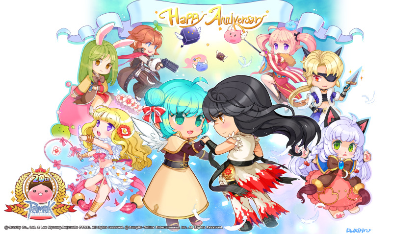 3boys, 5girls, :3, acolyte_(ragnarok_online), ahoge, angeling, animal_ears, anniversary