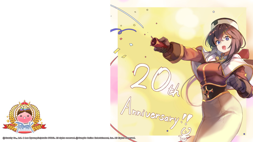 1girl, acolyte_(ragnarok_online), anniversary, biretta, blue_eyes, bongbong_(gravity), breasts, brown_gloves, brown_hair, brown_hat, brown_shirt, capelet, clenched_hand, confetti, copyright_notice, cowboy_shot, cross, gloves, hat, highres, logo, long_hair, long_sleeves, looking_at_viewer, lower_teeth_only, medium_breasts, official_art, official_wallpaper, open_mouth, party_popper, poring, ragnarok_online, shirt, skirt, smile, solo, teeth, white_capelet, white_skirt, yellow_background