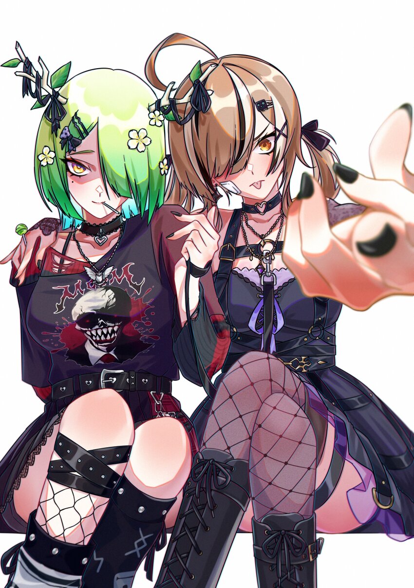 2girls, absurdres, ahoge, ankle_boots, ankle_bow, ankle_ribbon, antlers, arm_around_shoulder