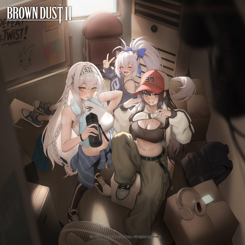 3girls, absurdres, antenna_hair, arc2urus, armpits, backpack, bag, baseball_cap, belt, black_bag, black_hair, black_pants, blue_ribbon, blue_sweater, blurry, blurry_foreground, blush, bottle, braid, breasts, brown_dust_(series), brown_dust_2, brown_shirt, cargo_pants, cellphone, circuit_board_print, cleavage, clenched_teeth, closed_eyes, clothes_around_waist, clothes_lift, copyright_name, crop_top, electric_fan, english_flag, facial_tattoo, from_above, granhildr_(brown_dust), green_pants, gym_storeroom, gym_uniform, hair_ribbon, hand_on_own_hip, hat, headphones, heart, heart_antenna_hair, heart_tattoo, highres, jacket, jacket_lift, large_breasts, lifting_own_clothes, long_hair, looking_at_viewer, multiple_girls, navel, official_art, open_mouth, pants, phone, ponytail, purple_eyes, ribbon, shirt, shoes, sitting, smartphone, smile, sneakers, steaming_body, stomach, sweater, sweater_around_waist, tattoo, teeth, towel, towel_around_neck, v, ventana_(brown_dust), very_long_hair, water_bottle, white_hair, white_jacket, yellow_eyes, yuri_(brown_dust)