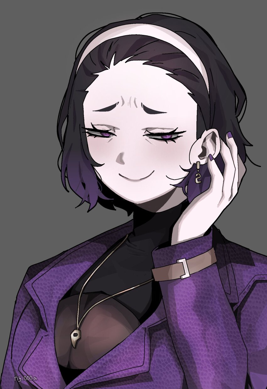 1girl, black_hair, breasts, cleavage, closed_mouth, coat, earrings, gradient_hair