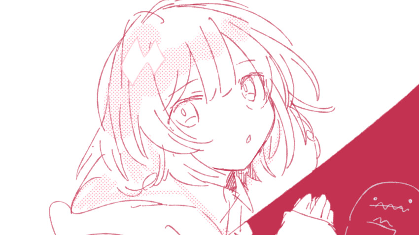 1girl, arusechika, ben-day_dots, collared_shirt, commentary_request, double-parted_bangs, eyes_visible_through_hair, hair_between_eyes, hand_up, highres, long_sleeves, looking_at_viewer, looking_to_the_side, miihaa_(synthesizer_v), monochrome, parted_lips, portrait, purple_theme, robe, screentones, shirt, short_hair, sideways_glance, sketch, sleeves_past_wrists, solo, spot_color