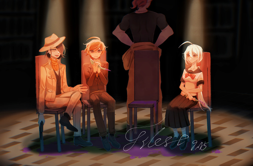 1girl, 3boys, ahoge, bare_arms, black_footwear, black_hair, black_sailor_collar, black_shirt, black_skirt, black_socks, black_vest, blazer, blood, bloody_knife, bow, bowler_hat, bowtie, bright_pupils, brown_eyes, brown_footwear, brown_hat, brown_jacket, brown_pants, bsyt41, buttons, chair, chinese_commentary, collarbone, collared_jacket, collared_shirt, collared_vest, commentary_request, crossed_legs, danganronpa_(series), danganronpa_another, dark, dark-skinned_male, dark_skin, dot_nose, suit_pants, dress_shirt, full_body, hair_between_eyes, hair_ornament, hair_over_one_eye, hair_scrunchie, hands_on_own_hips, hat, highres, holding, holding_knife, holding_weapon, indoors, jacket, jumpsuit, jumpsuit_around_waist, kasai_shinji, knife, lapels, light_particles, long_hair, long_skirt, looking_at_another, low_ponytail, maeda_yuki, multiple_boys, necktie, notched_lapels, on_chair, open_mouth, orange_hair, orange_jumpsuit, orange_necktie, orange_scarf, pants, parted_lips, pen_behind_ear, pink_blood, pleated_skirt, ponytail, pool_of_blood, purple_eyes, red_bow, red_bowtie, red_hair, red_scrunchie, sailor_collar, scared, scarf, school_uniform, scrunchie, serafuku, shadow, shirt, shoes, short_hair, short_sleeves, sitting, skirt, smile, socks, sora_(super_danganronpa_another_2), spoilers, spotlight, standing, super_danganronpa_another_2, sweatdrop, t-shirt, teeth, tile_floor, tiles, toned, toned_male, upper_teeth_only, uwabaki, very_long_hair, vest, weapon, white_hair, white_pupils, white_shirt, white_socks, worried, yomiuri_nikei