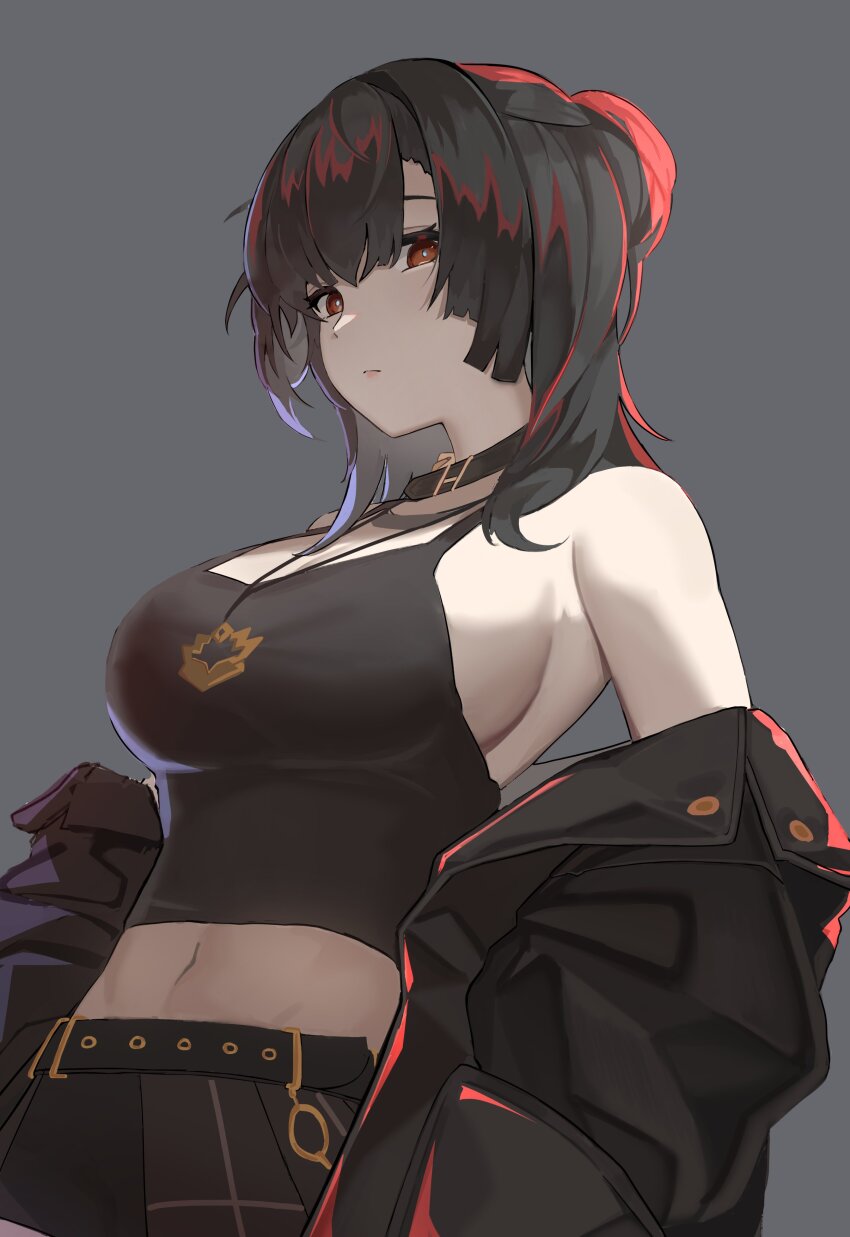 1girl, absurdres, bare_shoulders, black_hair, black_jacket, black_tank_top, breasts, brown_eyes