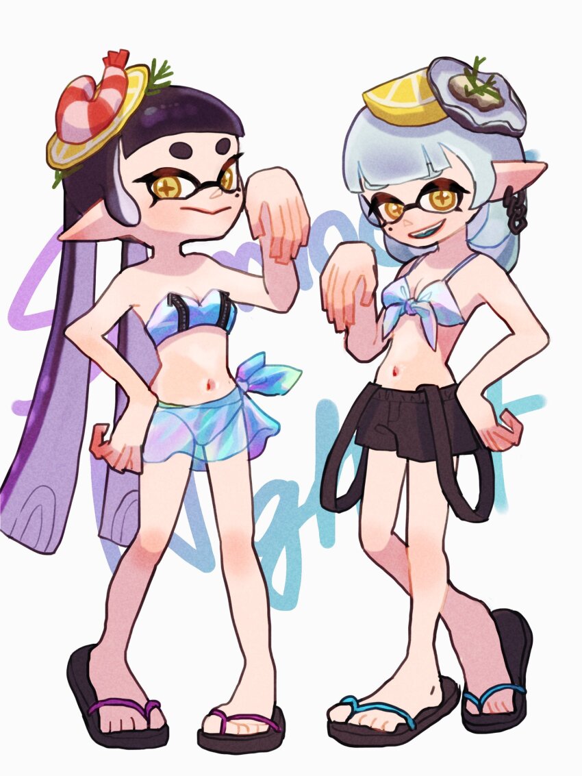 2girls, bikini, black_hair, blunt_bangs, breasts, callie_(splatoon), callie_(summer_nights)_(splatoon), cleavage, fangs, flip-flops, food, front-tie_bikini_top, front-tie_top, fruit, full_body, highres, lemon, lemon_slice, long_hair, looking_at_another, marie_(splatoon), marie_(summer_nights)_(splatoon), medium_breasts, mole, mole_under_eye, multiple_girls, nastar_r0, navel, nintendo, official_alternate_costume, official_alternate_hairstyle, open_mouth, oyster, pointy_ears, sandals, sarong, shorts, shrimp, smile, splatoon_(series), splatoon_3, standing, strapless, suspenders, suspenders_hanging, swimsuit, tube_top, white_hair, yellow_eyes