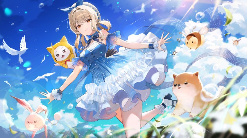 1girl, animal, back_bow, bee, beret, bird, black_bow, black_footwear, blonde_hair, blue_bow, blue_bowtie, blue_choker, blue_dress, blue_sky, blue_sleeves, blue_wrist_cuffs, bow, bowtie, breasts, brooch, brown_eyes, bubble, bubble_print, bubbly_voyage_(infinity_nikki), bug, cat, character_request, choker, chyoel, cloak, closed_mouth, clothed_animal, cloud, collared_dress, daisy_(flower), day, detached_sleeves, dove, dress, ear_covers, eyelashes, floating_clothes, floof_(infinity_nikki), flower, foodie_bee_(infinity_nikki), foot_out_of_frame, footwear_bow, frilled_dress, frilled_sleeves, frilled_wrist_cuffs, frills, grass, hair_bow, hair_intakes, hair_rings, hat, high_heels, highres, hood, hood_up, hooded_cloak, infinity_nikki, insect, jewelry, large_breasts, leaf, leg_up, light_particles, light_rays, lips, looking_at_viewer, momo_(nikki), mountainous_horizon, nikki_(nikki), nikki_(series), open_mouth, outdoors, pink_lips, pumps, rabbit, red_bow, red_bowtie, shiba_inu, short_dress, short_hair_with_long_locks, short_sleeves, sky, smile, socks, star_(symbol), star_choker, strapless, strapless_dress, striped_bow, striped_clothes, striped_dress, sunlight, traditional_bowtie, vertical-striped_clothes, vertical-striped_dress, whiskers, white_cat, white_flower, white_hat, white_socks, wrist_cuffs, yellow_cloak