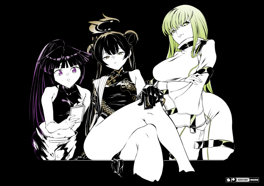 3girls, akatsuki_(log_horizon), bare_shoulders, black_dress, black_gloves, black_hair, blue_archive, blunt_bangs
