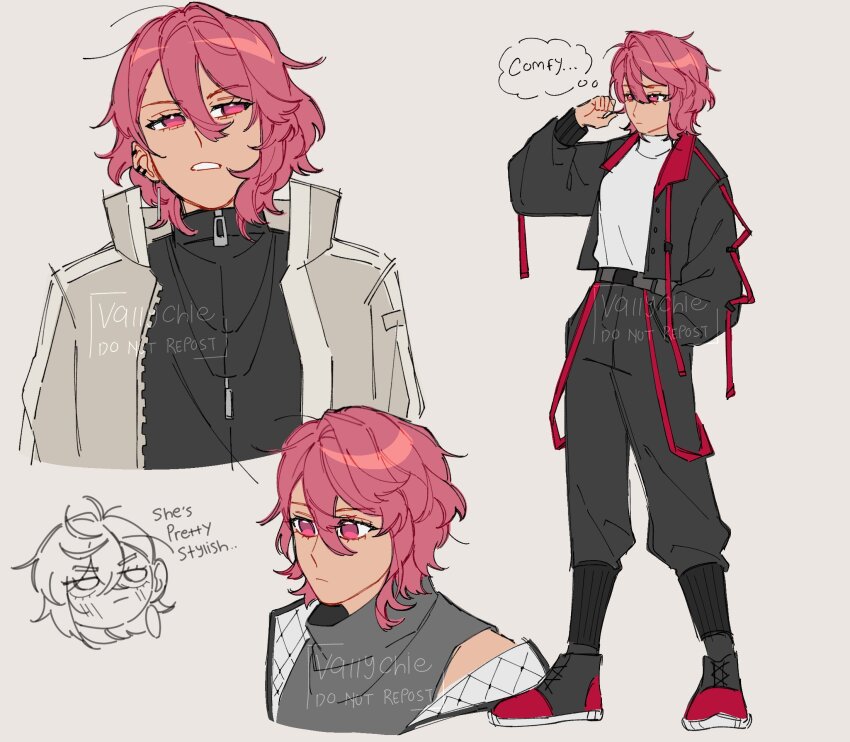 2girls, ayase_momo, black_pants, commentary, dandadan, disembodied_head, earrings, english_commentary, english_text, full_body, grey_background, hair_between_eyes, hand_in_pocket, highres, jacket, jewelry, lecii_(vallychie), long_sleeves, multiple_girls, open_clothes, open_jacket, open_mouth, pants, pink_eyes, pink_hair, shiratori_aira_(dandadan), shoes, short_hair, simple_background