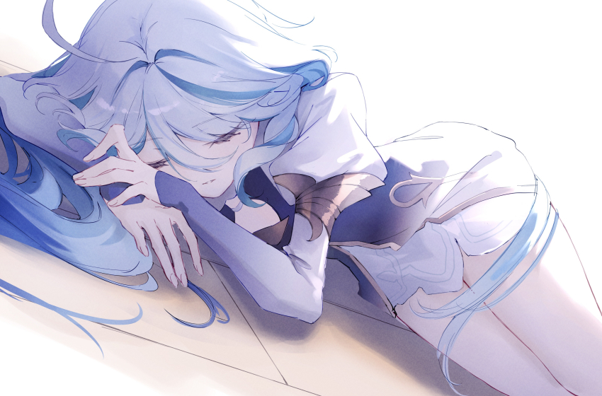 1girl, absurdres, ahoge, blue_hair, closed_eyes, dress, focalors_(genshin_impact), furina_(genshin_impact)