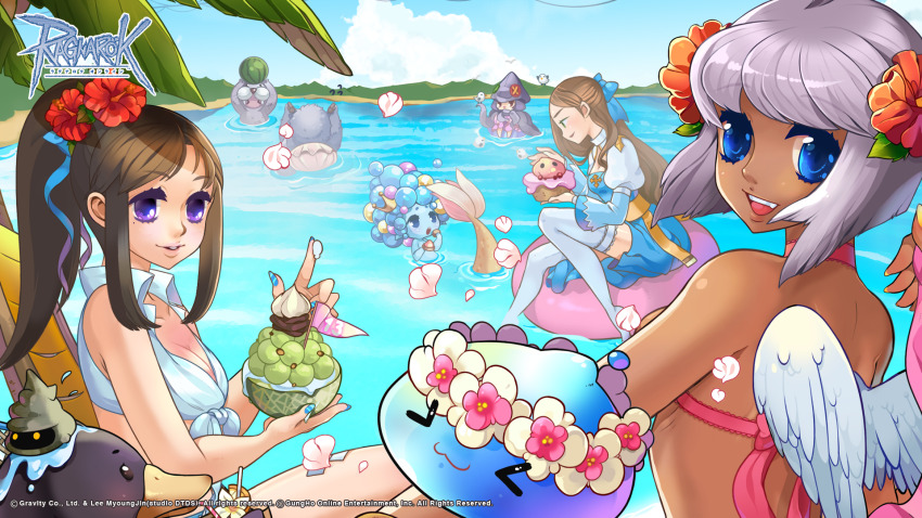 5girls, :3, aqua_(ragnarok_online), arch_bishop_(ragnarok_online), back, beach, bikini, bird