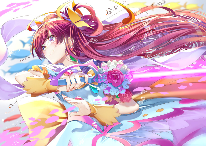 1girl, absurdres, blush, bow, bowtie, bubble, butterfly_earrings, closed_mouth