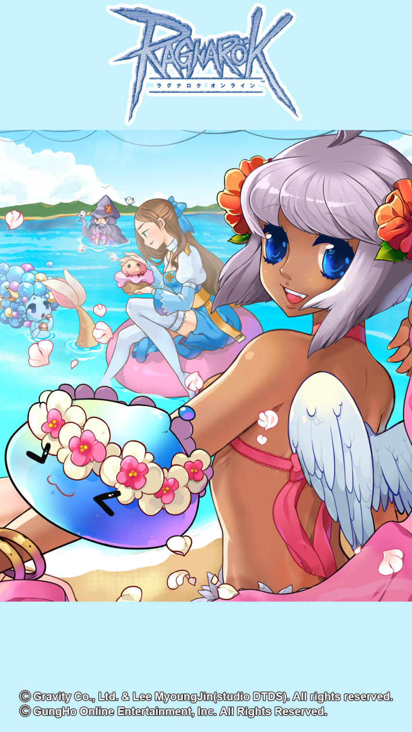 4girls, :3, aqua_(ragnarok_online), arch_bishop_(ragnarok_online), back, beach, bikini, blue_bow