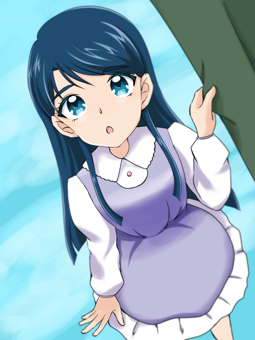 1girl, 1other, blue_eyes, blue_hair, child, dress, green_jacket, highres