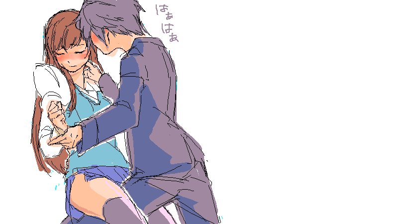 1boy, 1girl, bad_id, bad_pixiv_id, between_legs, blush, brown_hair, closed_eyes, fukuro_kouji, holding_another's_wrist, hyuga_ryght, long_hair, lumia_waber, oekaki, phantasy_star, phantasy_star_portable_2, phantasy_star_universe, skirt, thighhighs