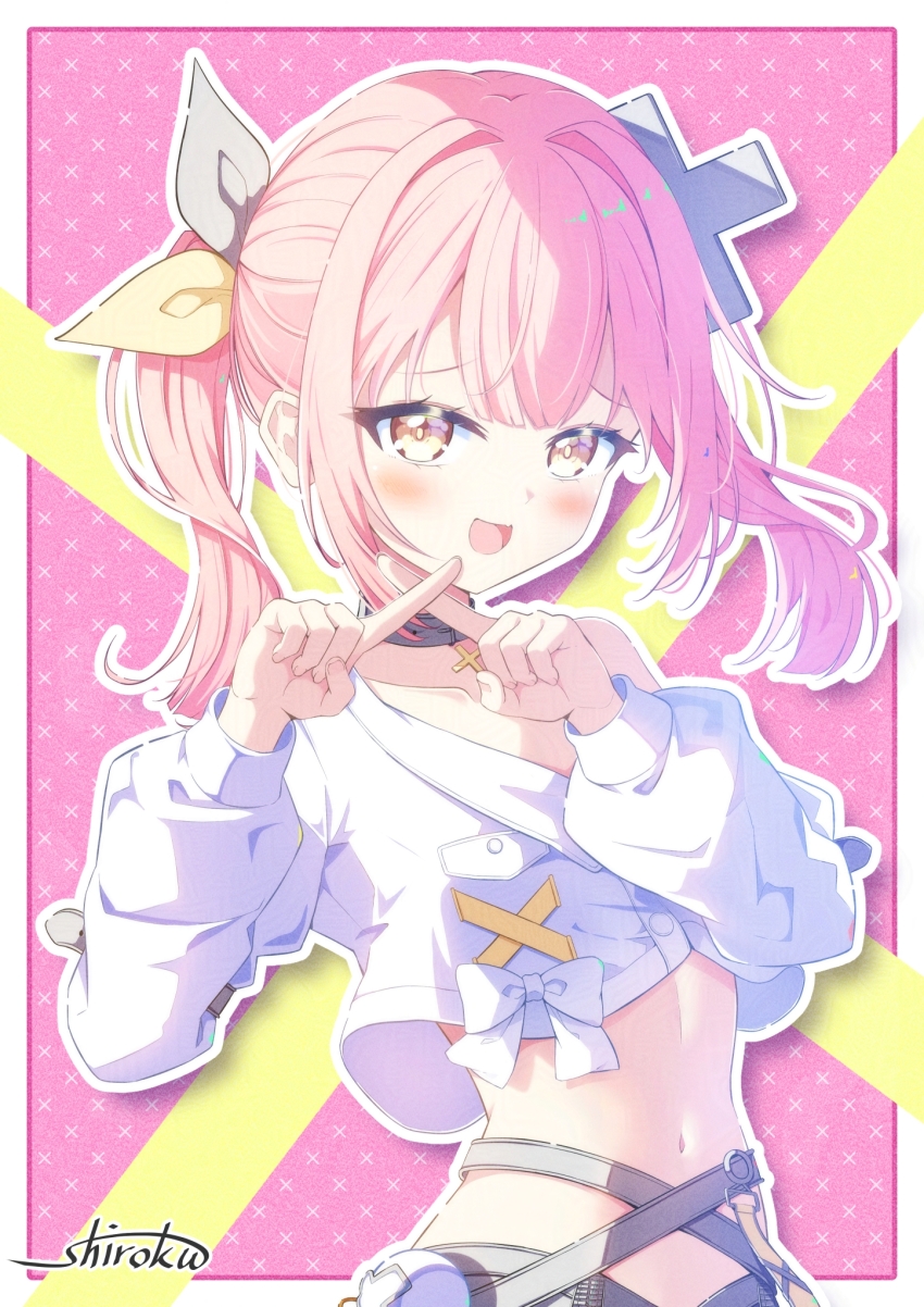 1girl, blush, bow, crop_top, hair_bow, highres, looking_at_viewer, medium_hair