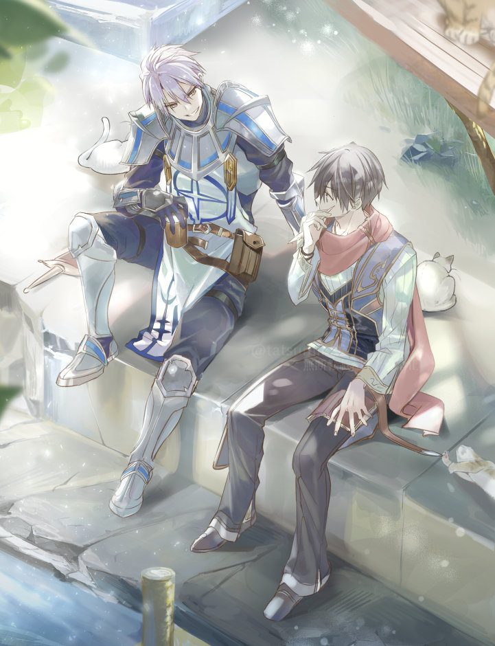 2boys, adol_christin, armor, belt, black_hair, black_pants, cat, credo_aiblinger