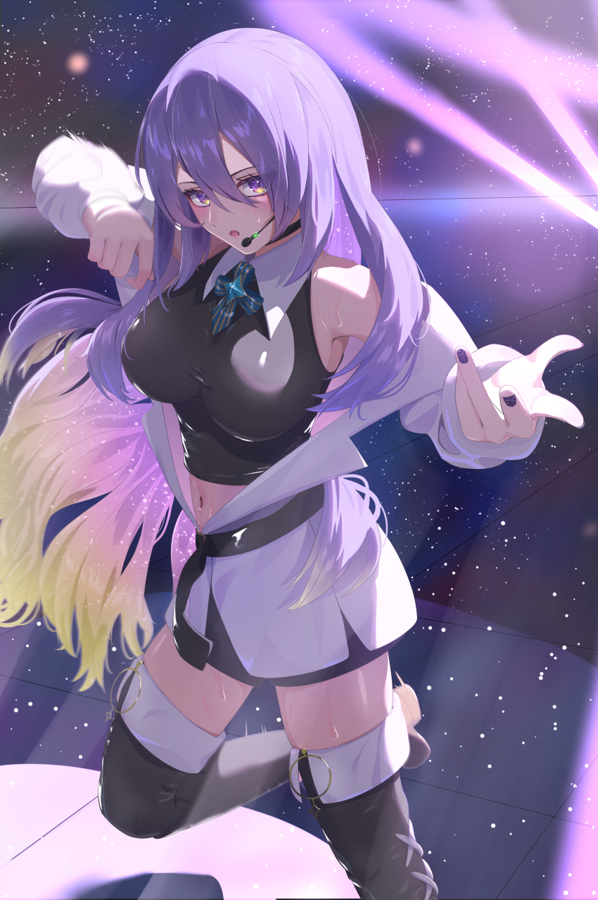 1girl, absurdres, black_boots, black_choker, black_shirt, blonde_hair, blush, boots