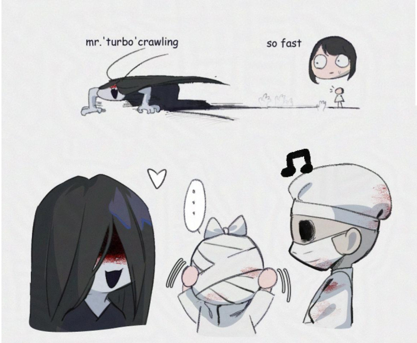 1boy, 2girls, bandaged_head, bandages, black_hair, black_kimono, blood, blood_on_clothes