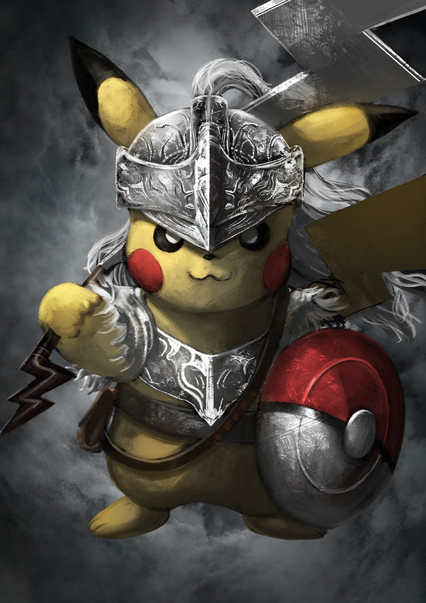 :3, absurdres, asaki_(asaki_vision), bloody_wolf_(elden_ring), bloody_wolf_(elden_ring)_(cosplay), closed_mouth, commentary_request, cosplay, crossover, elden_ring, gen_1_pokemon, grey_background, highres, holding, holding_shield, holding_weapon, looking_at_viewer, nintendo, pikachu, poke_ball_symbol, pokemon, pokemon_(creature), shield, smile, standing, straight-on, tarnished_(elden_ring), weapon, yellow_fur