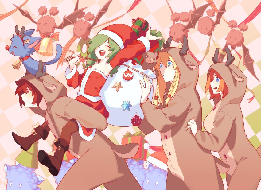 2boys, 2girls, :d, animal_costume, animal_hood, anna_(epic_battle_fantasy), bare_shoulders, bat_(animal)