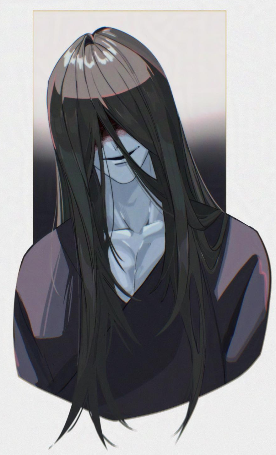 1boy, black_hair, black_kimono, blood, blood_on_face, highres, homicipher, japanese_clothes, kimono, long_hair, male_focus, mr._crawling, solo, sqshysiin, upper_body