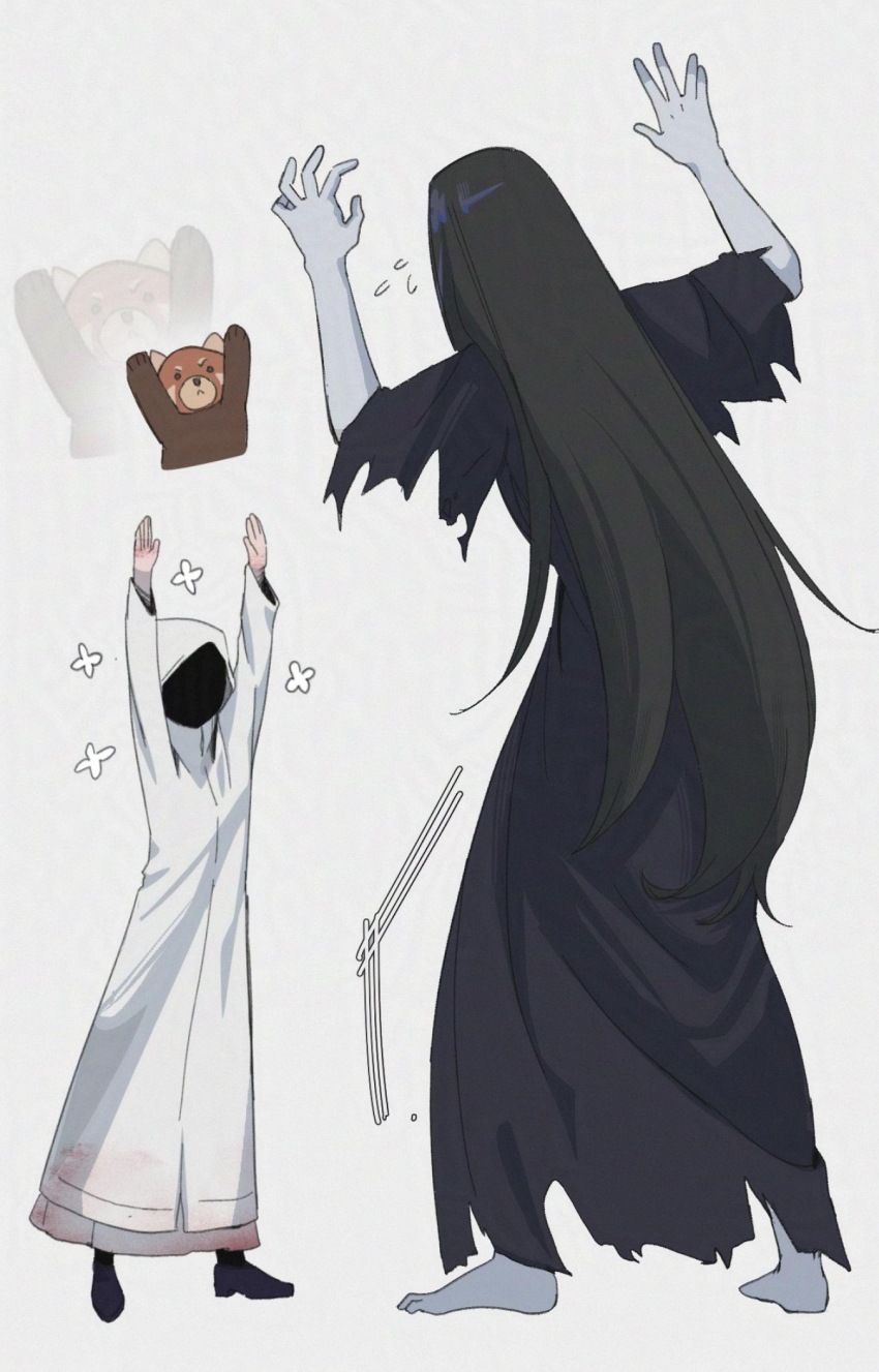 1boy, 1girl, animal, arms_up, black_hair, black_kimono, claw_pose, full_body