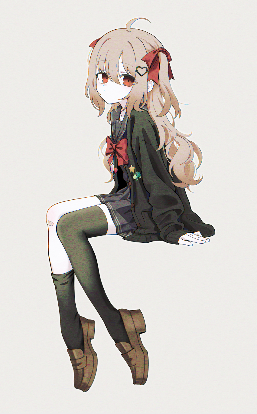 1girl, absurdres, ahoge, asymmetrical_legwear, black_cardigan, black_sailor_collar, black_shirt, black_skirt, black_socks, black_thighhighs, bow, bowtie, brown_hair, cardigan, closed_mouth, dress_shirt, evil_neuro-sama, from_side, full_body, hair_between_eyes, hair_ribbon, hand_rest, happa_de_happy, highres, indie_virtual_youtuber, loafers, long_hair, long_sleeves, looking_at_viewer, looking_to_the_side, neuro-sama, pleated_skirt, red_bow, red_bowtie, red_eyes, red_ribbon, ribbon, sailor_collar, shirt, shirt_tucked_in, shoes, simple_background, single_sock, single_thighhigh, sitting, skirt, socks, solo, thighhighs, two_side_up, uneven_legwear, virtual_youtuber, white_background