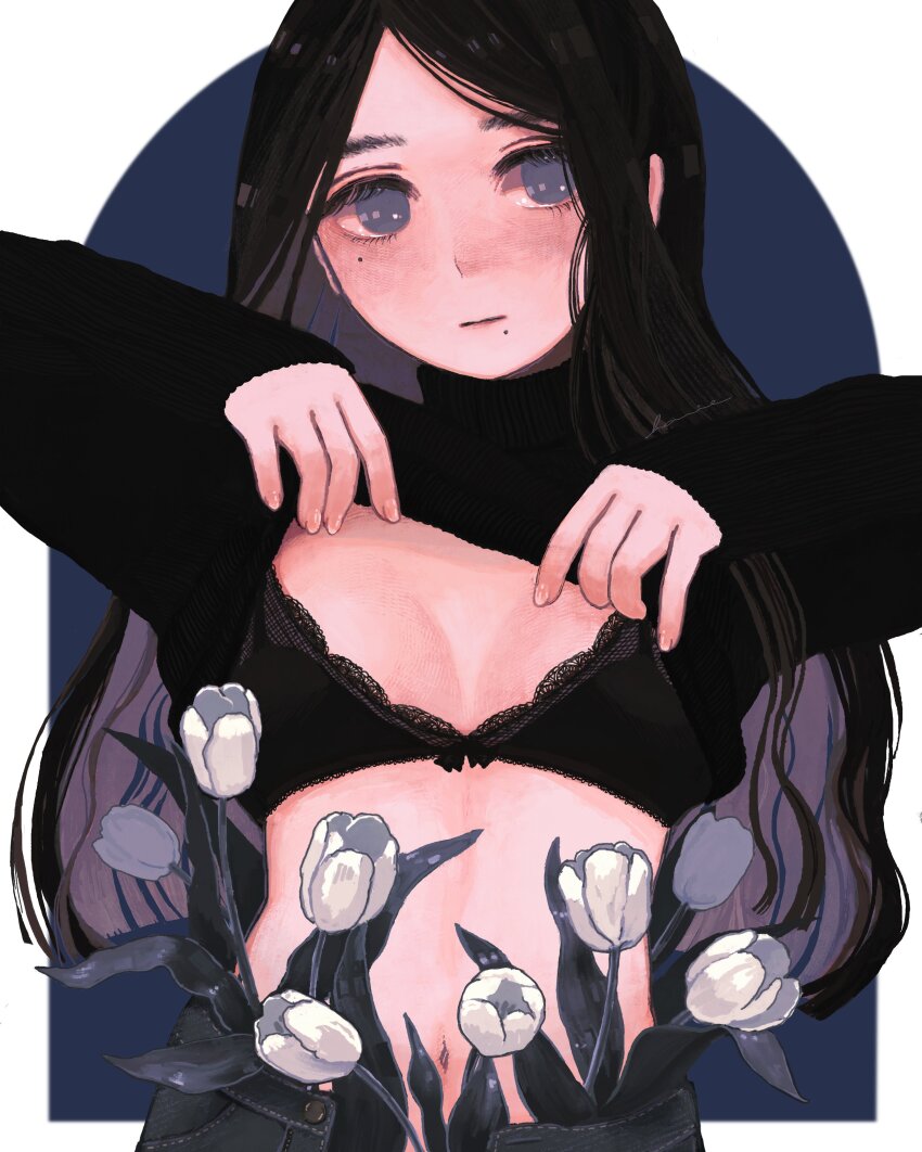 1girl, absurdres, black_bow, black_bra, black_hair, black_pants, black_sweater, blank_stare, blue_background, blue_eyes, blunt_ends, bow, bow_bra, bra, breasts, buttons, closed_mouth, clothes_lift, commentary, denim, english_commentary, expressionless, eyelashes, facing_viewer, fingernails, flower, flower_in_clothes, hair_behind_ear, hands_up, hanio3, highres, jeans, lace, lace-trimmed_bra, lace_trim, leaf, lifting_own_clothes, long_eyelashes, long_hair, midriff, mole, mole_under_eye, mole_under_mouth, navel, open_fly, original, pants, parted_bangs, sideways_glance, simple_background, small_breasts, solo, standing, sweater, sweater_lift, tareme, tulip, turtleneck, turtleneck_sweater, two-tone_background, underwear, upper_body, wavy_hair, white_background, white_flower, white_tulip