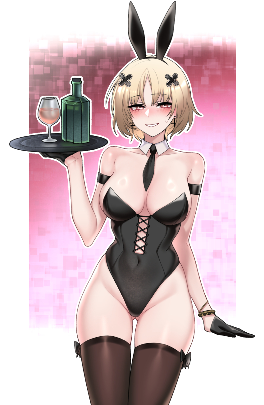 1girl, alcohol, animal_ears, arm_strap, black_bow, black_gloves, black_leotard, black_necktie
