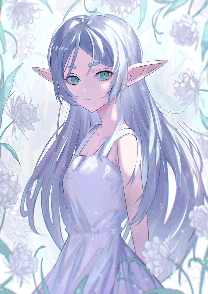 1girl, absurdres, alternate_hairstyle, armpits, arms_behind_back, artist_request, bare_arms, bare_shoulders, breasts, collarbone, dress, earrings_removed, elf, eyebrows, eyelashes, female_focus, flower, frieren, from_side, green_eyes, hair_down, highres, light_smile, long_hair, looking_at_viewer, neck, outdoors, parted_bangs, petite, pointy_ears, sidelocks, sleeveless, sleeveless_dress, small_breasts, sousou_no_frieren, standing, sundress, white_dress, white_hair