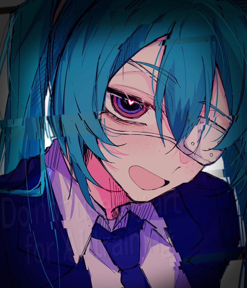1girl, aqua_hair, black_jacket, black_necktie, collared_shirt, commentary_request, eyepatch, glitch