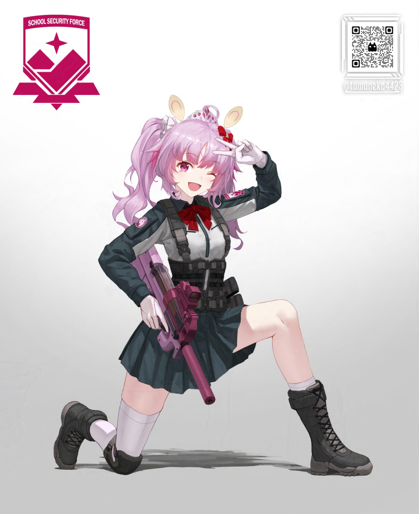 1girl, amoria_(vtuber), black_boots, black_skirt, boots, bow, bowtie, gloves, gun, hair_bow, highres, holding, holding_gun, holding_weapon, lace-up_boots, logo, multicolored_hair, on_one_knee, one_eye_closed, open_mouth, pink_eyes, pink_hair, pleated_skirt, purple_hair, qr_code, red_bow, red_bowtie, skirt, socks, solo, streaked_hair, tiara, tom-neko_(zamudo_akiyuki), trigger_discipline, twintails, twitter_username, v, v&amp;u_entertainment, virtual_youtuber, weapon, white_gloves, white_socks