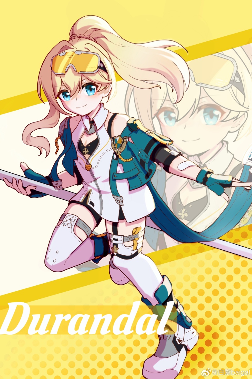 1girl, absurdres, aqua_gloves, baili_baigal, blonde_hair, blue_eyes, blue_jacket, boots