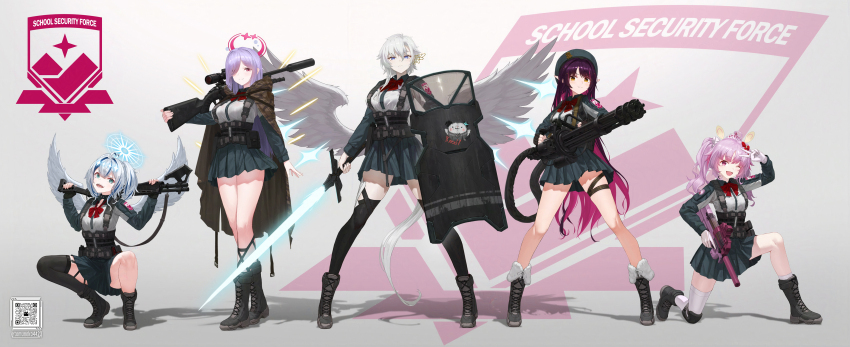 5girls, absurdres, ahoge, amano_serafi, amoria_(vtuber), aqua_eyes, beret, black_boots