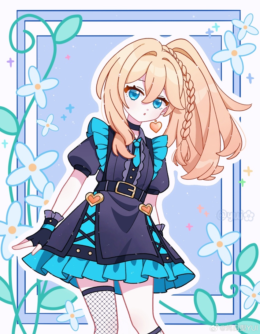 1girl, alternate_costume, belt, black_dress, black_gloves, blonde_hair, blue_eyes, blue_flower, braid, chunbaixing_yui, commentary_request, dress, durandal_(honkai_impact), durandal_(reign_solaris)_(honkai_impact), durandal_(sky_bright_and_clear)_(honkai_impact), earrings, fingerless_gloves, fishnet_thighhighs, fishnets, flower, gloves, heart, heart_earrings, highres, honkai_(series), honkai_impact_3rd, jewelry, long_hair, looking_at_viewer, necktie, puffy_short_sleeves, puffy_sleeves, short_sleeves, side_ponytail, single_earring, single_thighhigh, solo, thighhighs