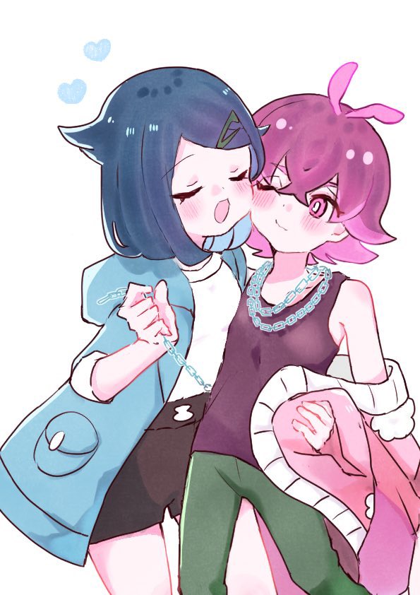 2girls, 3yk0_h, black_hair, black_shorts, blue_eyes, blush, chain, closed_mouth, cowlick, dot_(pokemon), eyelashes, hair_ornament, hair_over_eyes, hairclip, holding, jacket, liko_(pokemon), long_sleeves, looking_at_viewer, multicolored_hair, multiple_girls, nintendo, open_clothes, open_mouth, pants, pink_hair, pokemon, pokemon_(anime), pokemon_horizons, purple_eyes, purple_hair, shirt, short_hair, shorts, smile, white_shirt