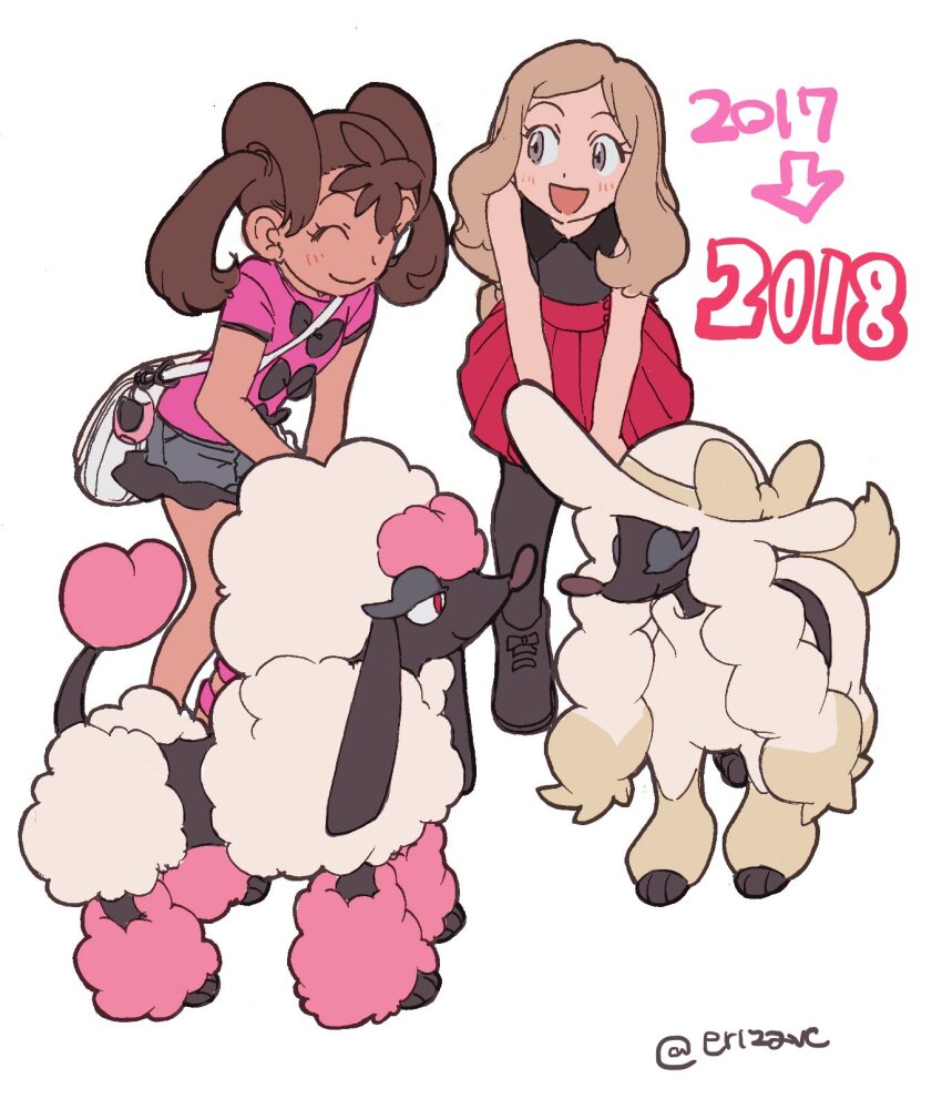 2017, 2018, 2girls, bag, black_footwear, black_shirt, black_thighhighs, blonde_hair