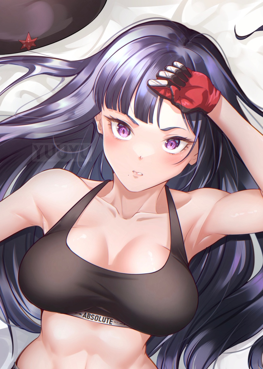 1girl, absurdres, alternate_breast_size_(larger), arm_up, armpits, artist_name, asymmetrical_bangs, bare_shoulders