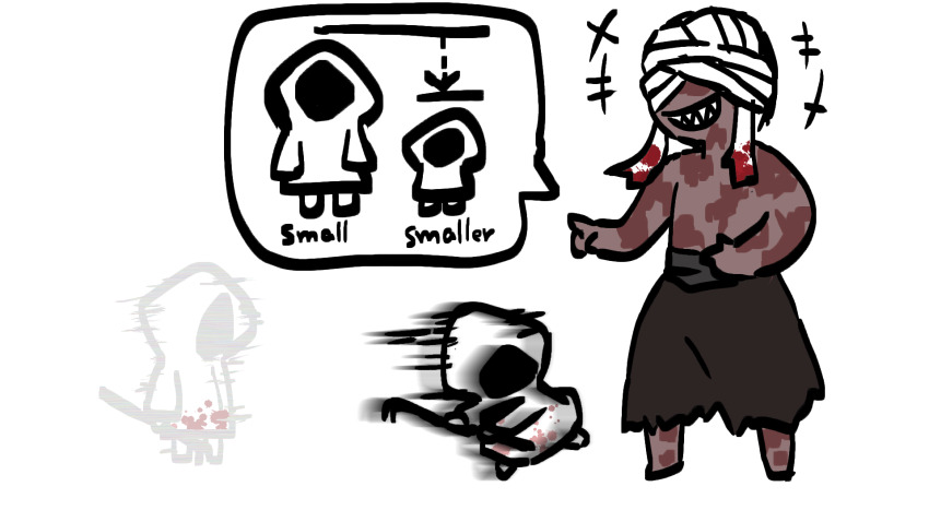 +++, 1boy, 1girl, adashino_adami, attack, bandaged_head, bandages, blood, blood_on_clothes, bloody_bandages, commentary_request, crowbar, deformed, full_body, grin, highres, holding, holding_crowbar, homicipher, hood, hood_up, motion_blur, mr._machete, official_style, platina_(pla_vtuber), pointing, pointing_at_another, raincoat, running, sharp_teeth, simple_background, skirt, smile, standing, teeth, topless_male, white_background, white_raincoat