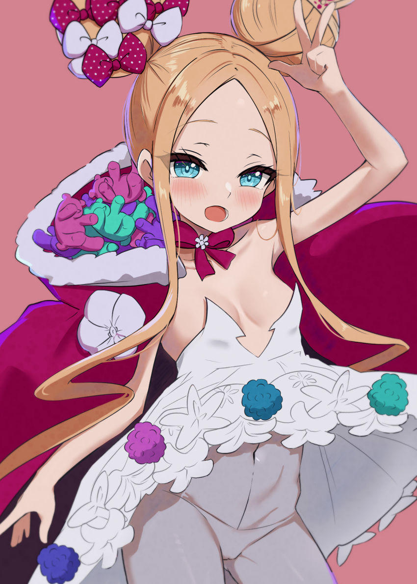 1girl, abigail_williams_(fate), abigail_williams_(santa)_(fate), bare_shoulders, blonde_hair, blue_eyes, blush, bow, breasts, cloak, covered_navel, double_bun, dress, fate/grand_order, fate_(series), forehead, fur-trimmed_cloak, fur_trim, hair_bow, hair_bun, highres, long_hair, looking_at_viewer, lower_teeth_only, mz_(ltge3238), open_mouth, panties, panties_under_pantyhose, pantyhose, parted_bangs, red_bow, red_cloak, sash, sidelocks, small_breasts, smile, solo, stuffed_animal, stuffed_toy, teddy_bear, teeth, thighs, tiara, underwear, very_long_hair, white_bow, white_dress, white_pantyhose